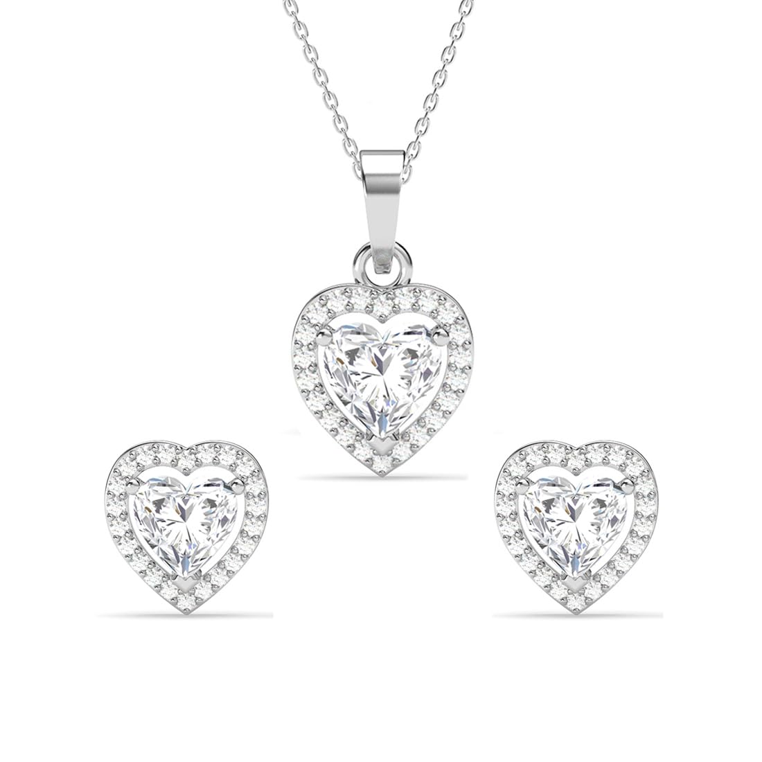 Clara 925 Sterling Silver Zilvia Heart Solitaire Pendant Earrings Chain Ring Jewellery Set | Platinum Plated, Swiss Zirconia |Gift for Women and Girls