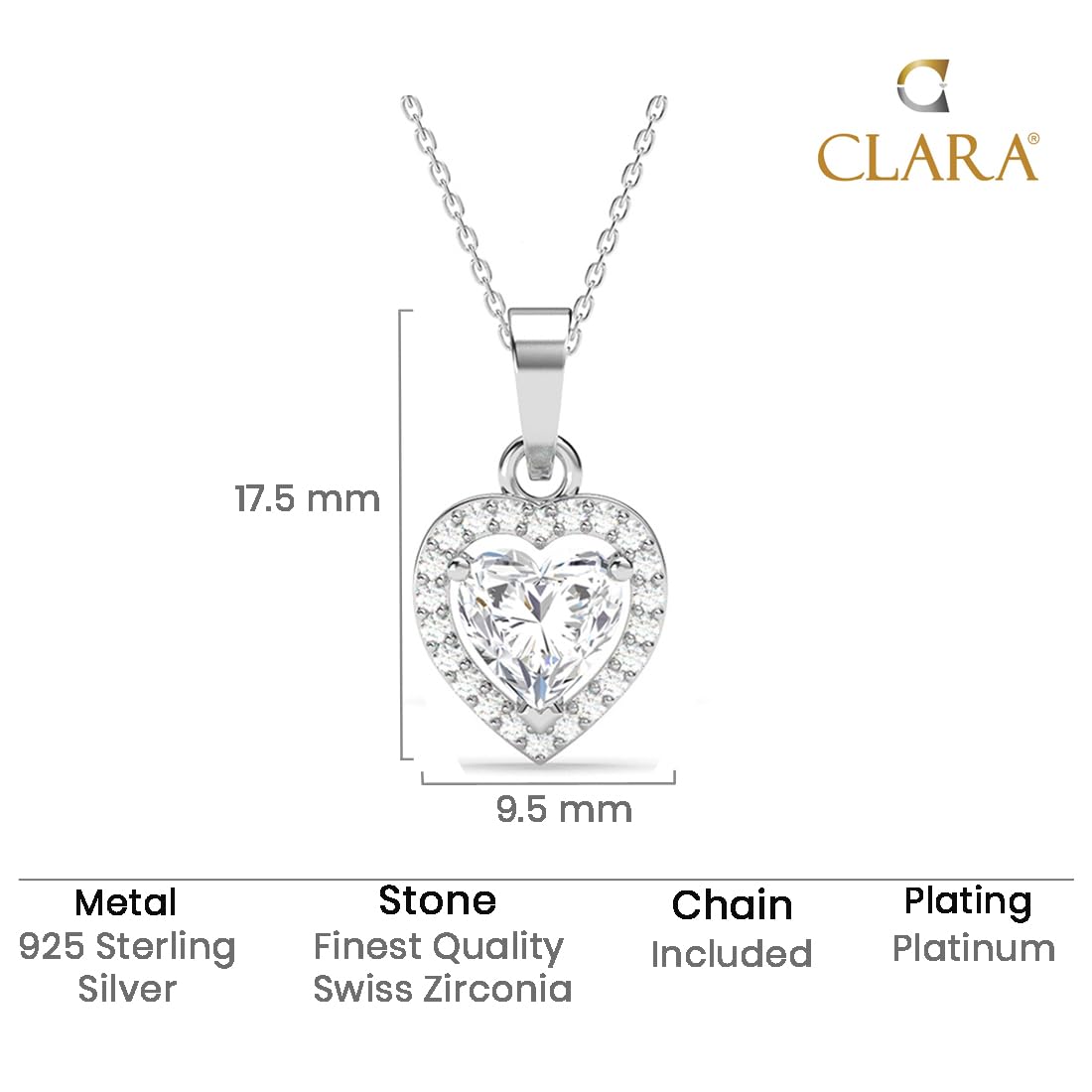 Clara 925 Sterling Silver Zilvia Heart Solitaire Pendant Earrings Chain Ring Jewellery Set | Platinum Plated, Swiss Zirconia |Gift for Women and Girls