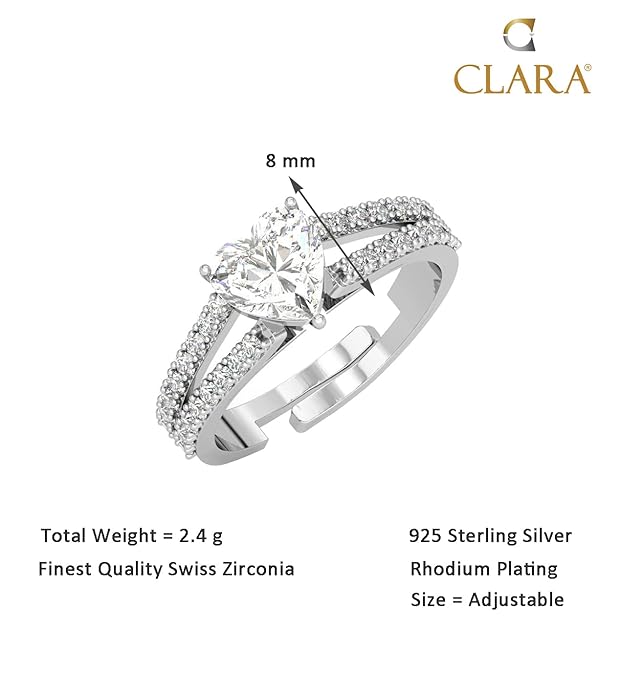 Clara 925 Sterling Silver Zilvia Heart Solitaire Ring with Swiss Zirconia - Platinum Plated