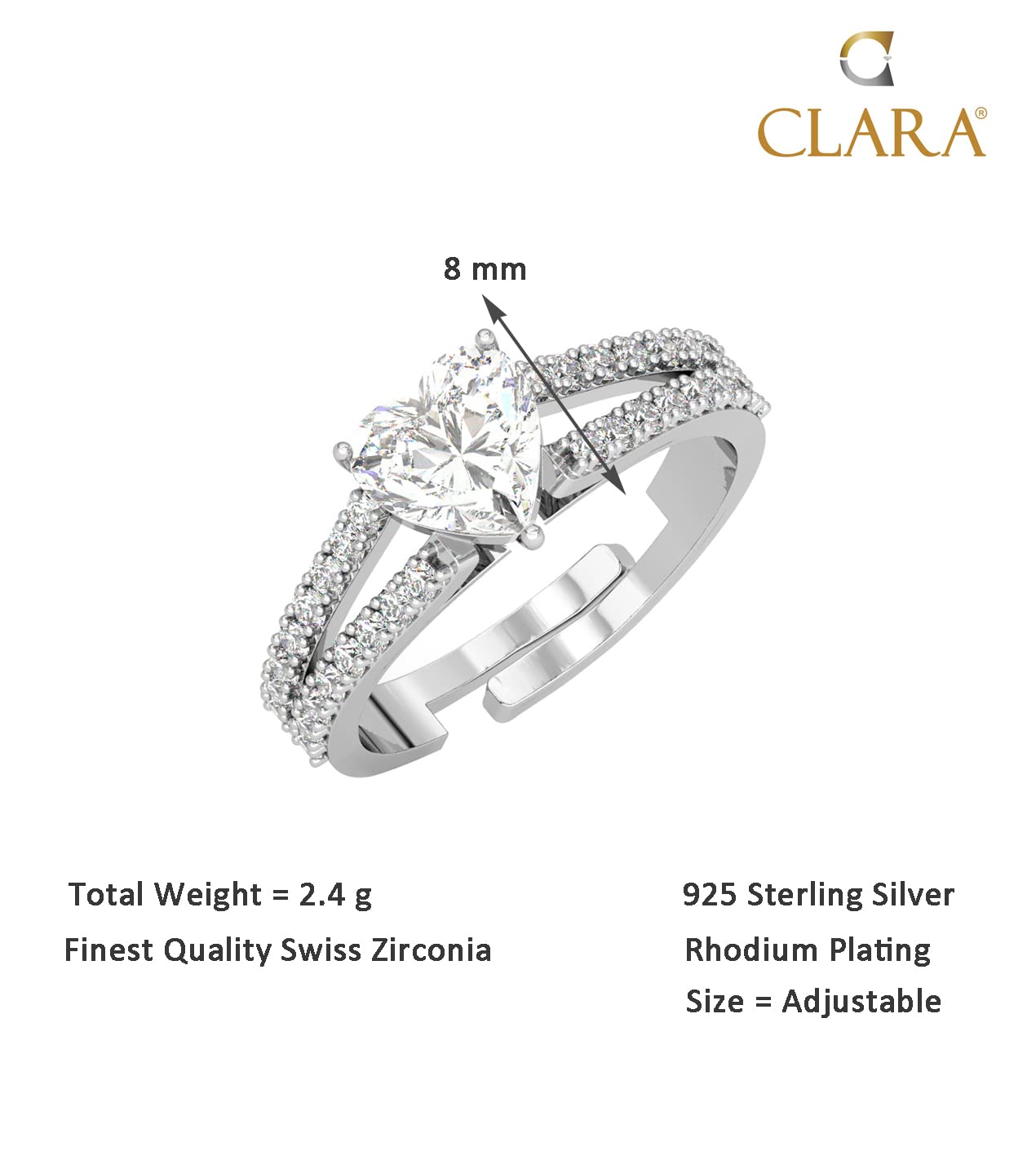 Clara 925 Sterling Silver Zilvia Heart Solitaire Pendant Earrings Chain Ring Jewellery Set | Platinum Plated, Swiss Zirconia |Gift for Women and Girls