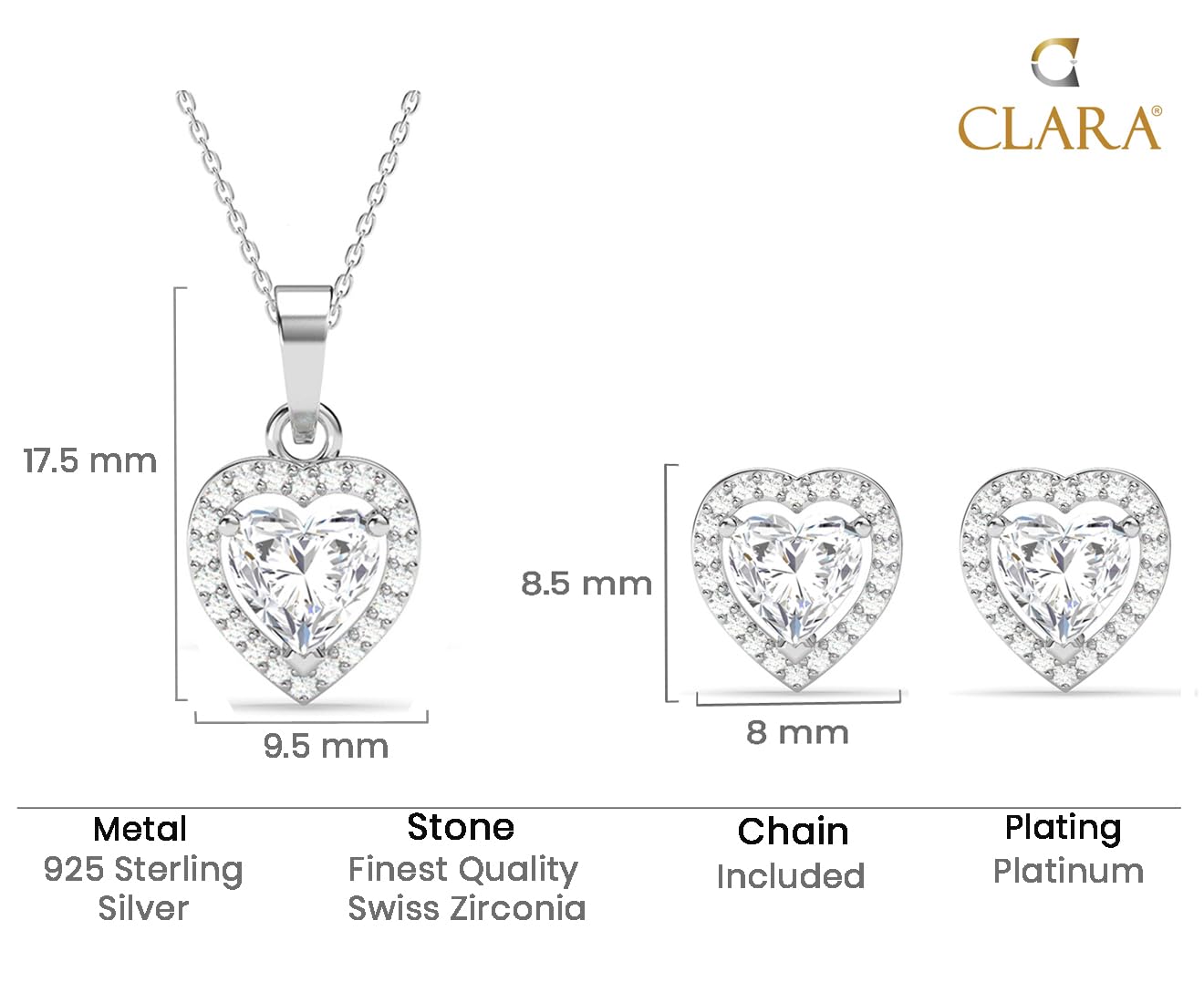 Clara 925 Sterling Silver Zilvia Heart Solitaire Pendant Earrings Chain Ring Jewellery Set | Platinum Plated, Swiss Zirconia |Gift for Women and Girls