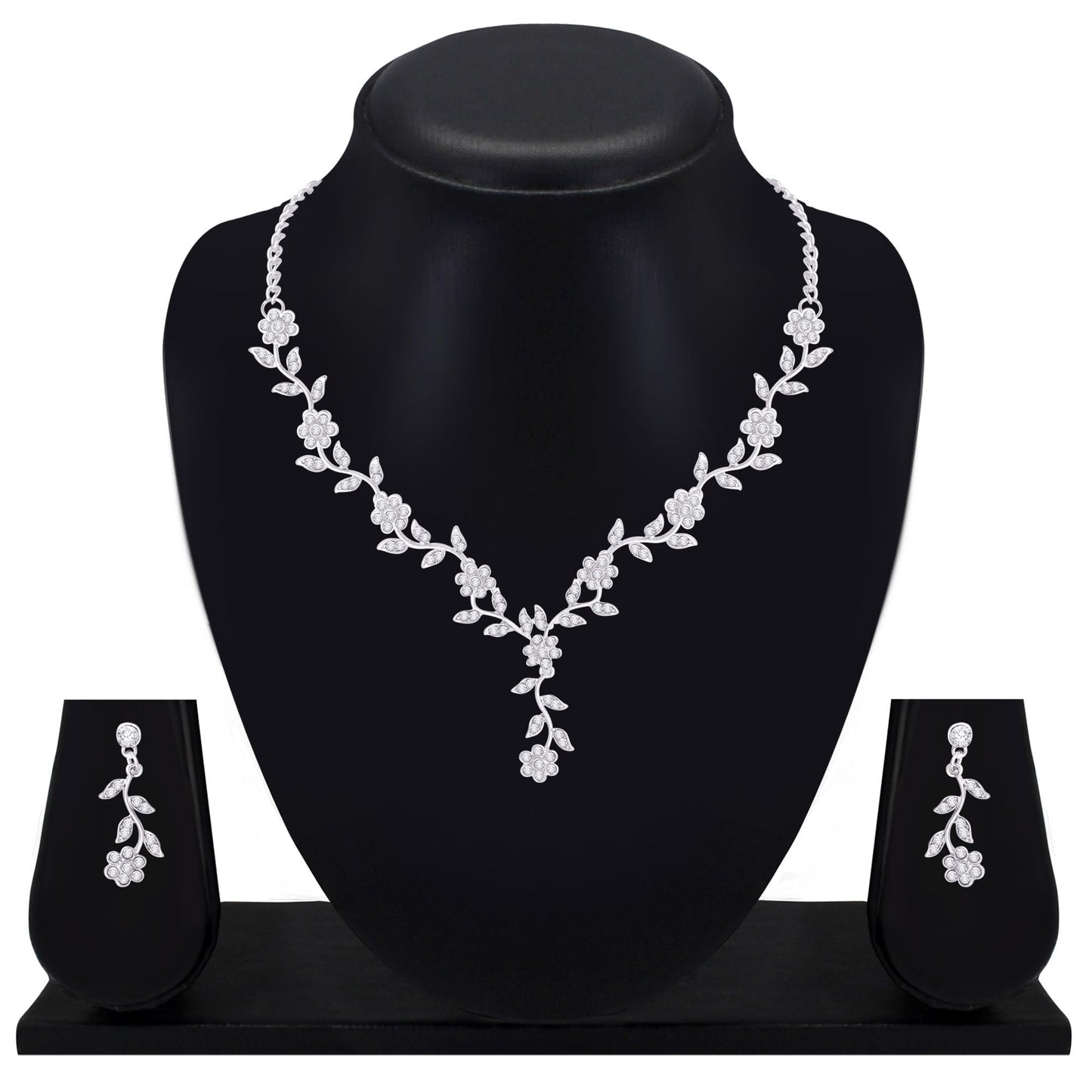 Atasi International American Diamond Style Silver Plated Necklace with Earrings Jewellery Set for Women – Perfect for Party, Wedding, and Engagement