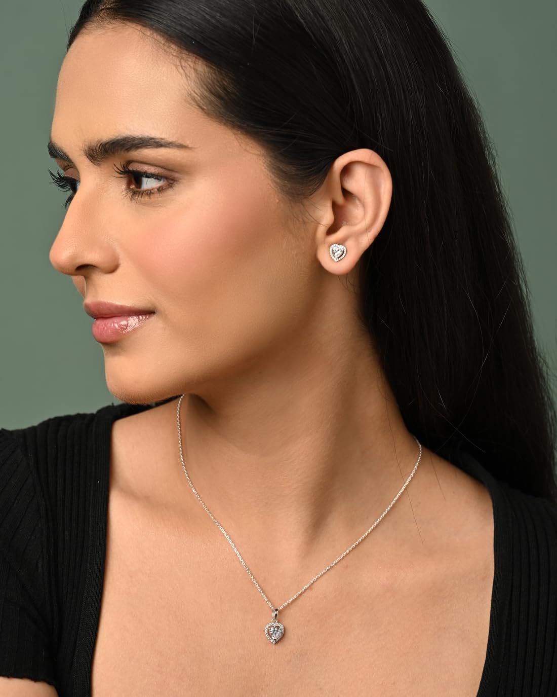 Clara 925 Sterling Silver Zilvia Heart Solitaire Pendant Earrings Chain Ring Jewellery Set | Platinum Plated, Swiss Zirconia |Gift for Women and Girls