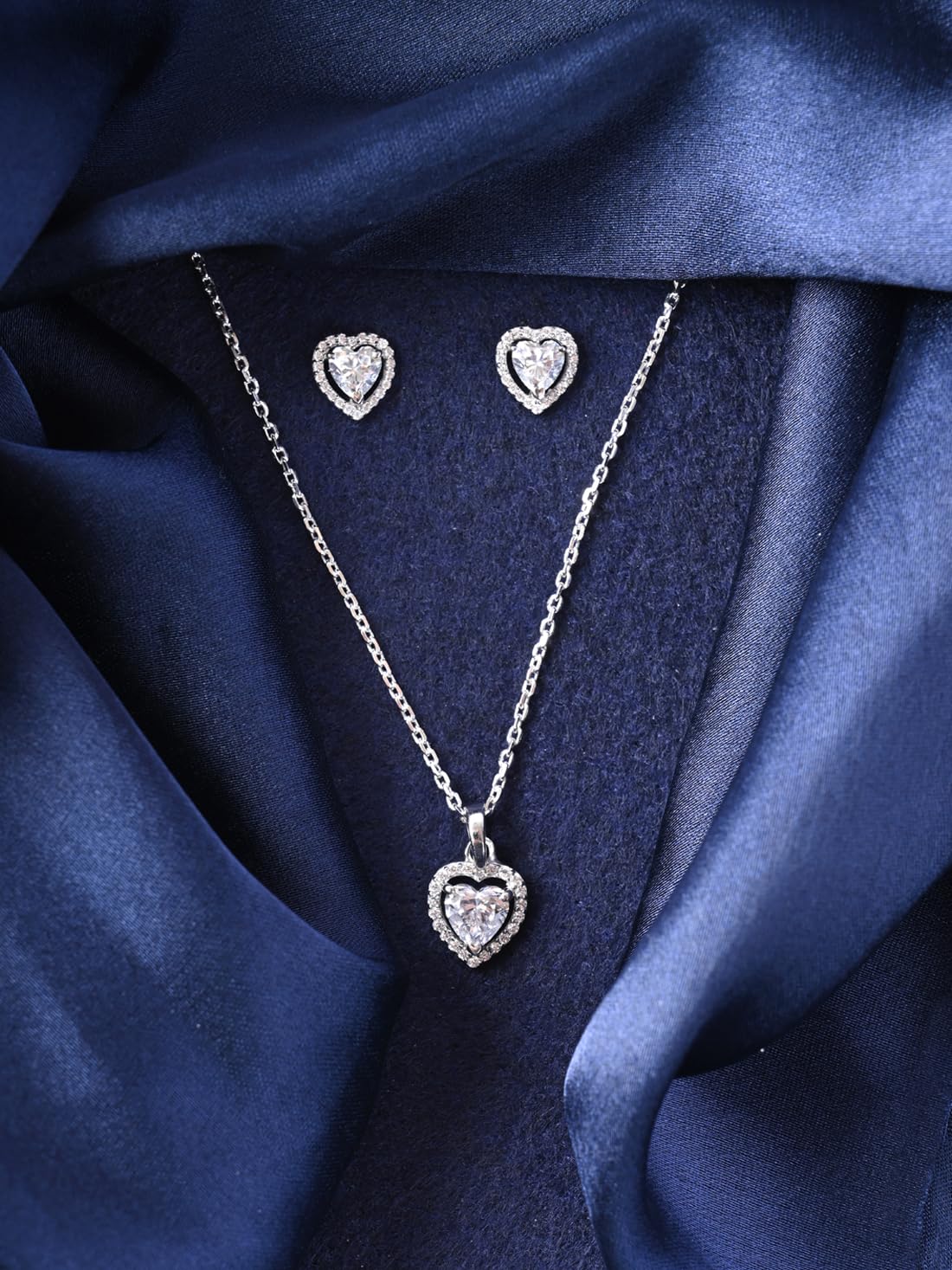 Clara 925 Sterling Silver Zilvia Heart Solitaire Pendant Earrings Chain Ring Jewellery Set | Platinum Plated, Swiss Zirconia |Gift for Women and Girls
