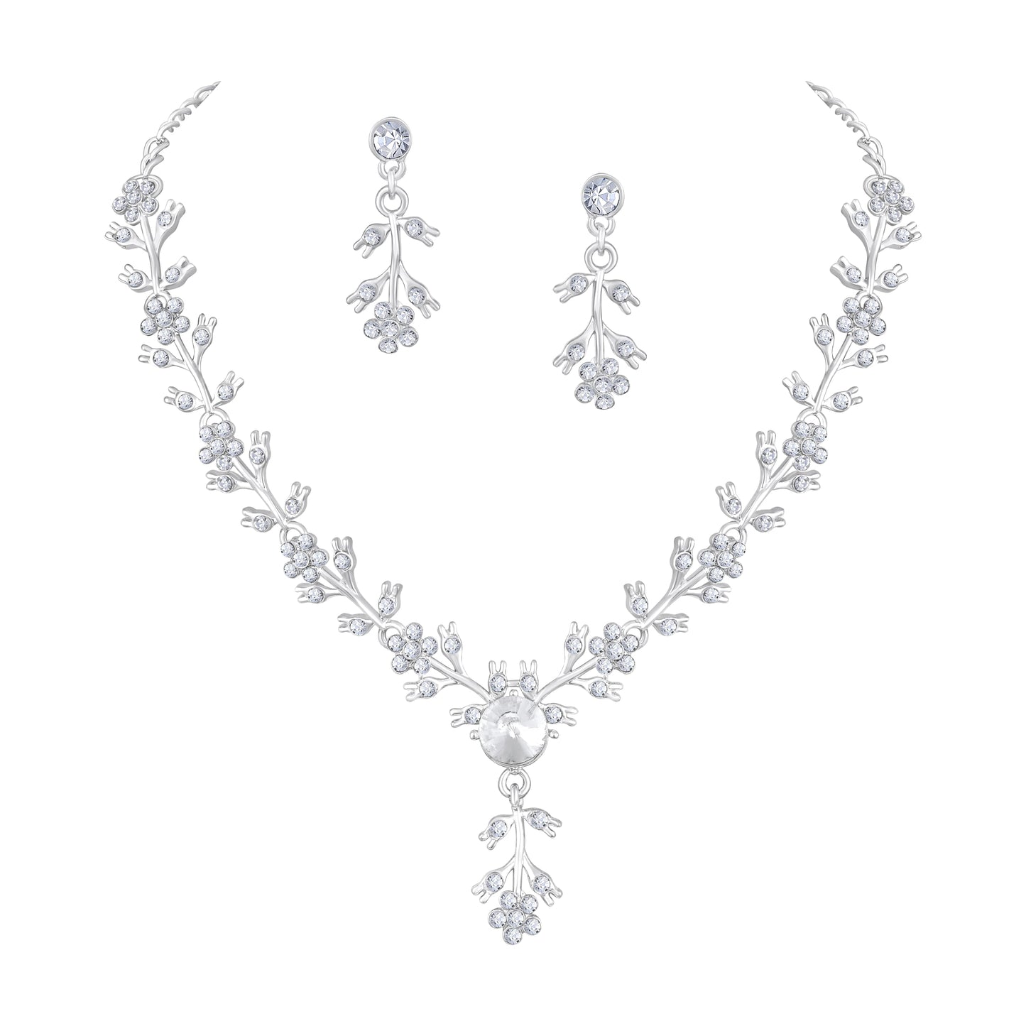 Atasi International American Diamond Style Silver Plated Necklace with Earrings Jewellery Set for Women – Perfect for Party, Wedding, and Engagement