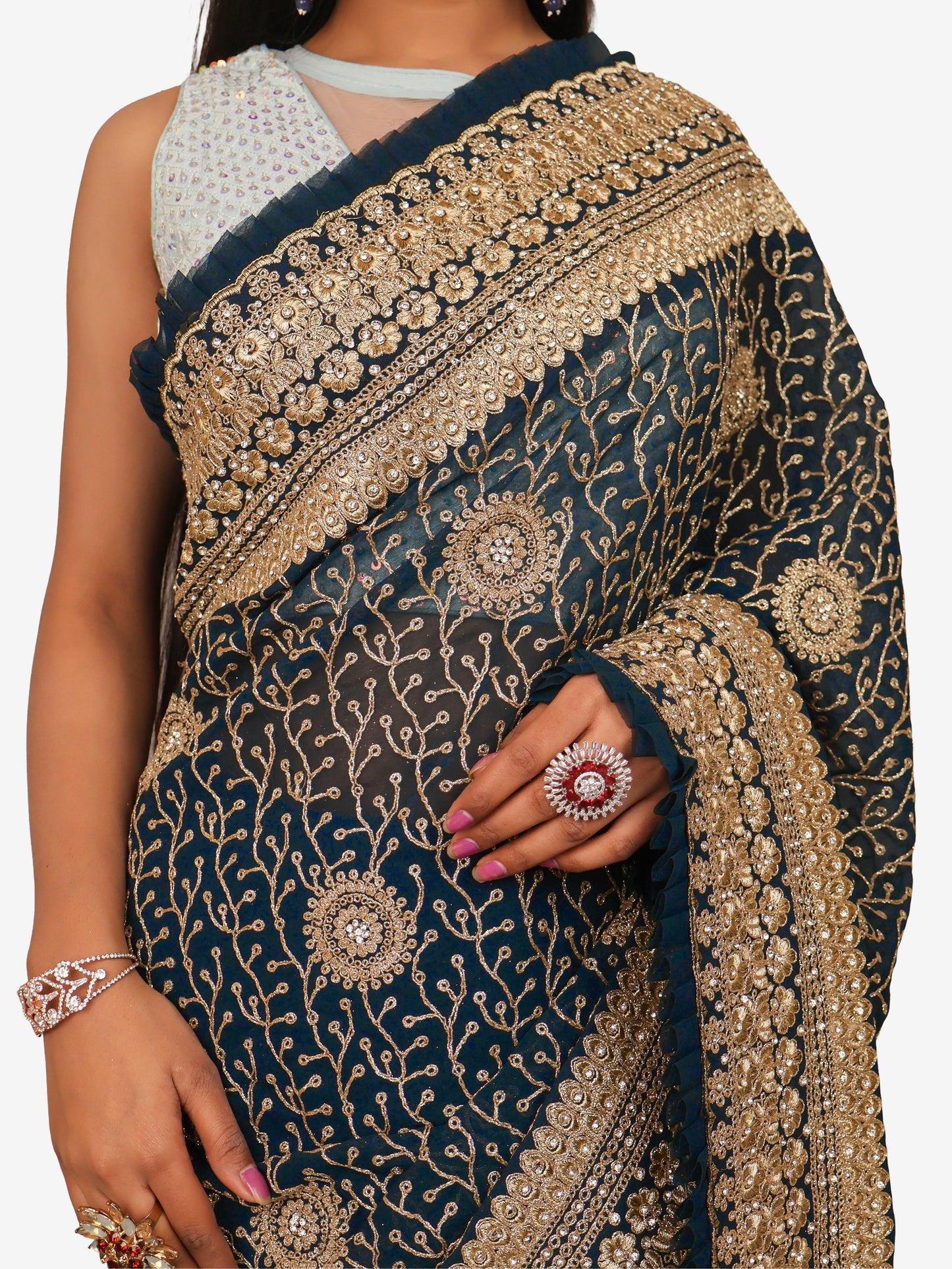 Designer Saree with Stone & Heavy Zari Work Embroidery Work by Shreekama