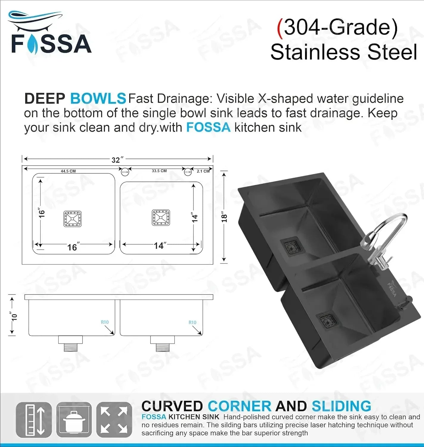 304 Handmade (32x18x10) Inch Stainless Steel Double Bowl Black Kitchen Sink With Tap Hole