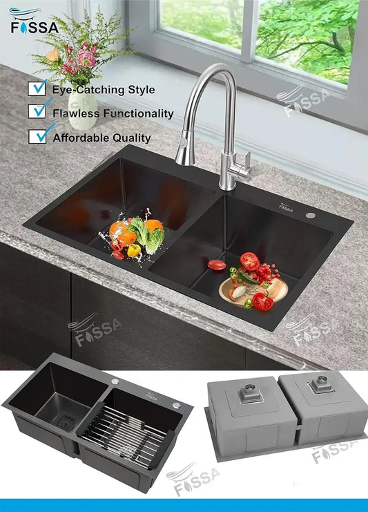 304 Handmade (32x18x10) Inch Stainless Steel Double Bowl Black Kitchen Sink With Tap Hole